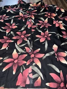 Women Polo Shirt Black Red Floral Hawaiian Shirt Aloha Silk XL Button Plumeria - Picture 1 of 8