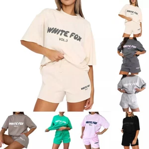 Womens 2 Piece Black ⭐Fox ⭐ Boutique Tracksuits T-Shirt Top Shorts Pants Set UK - Picture 1 of 20