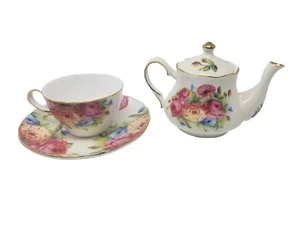Grace Teaware Floral Pink Peony Tea Cup & Saucer White Blue Flowers Pot Creamer - Picture 1 of 17