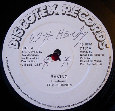 Tex Johnson Raving 12" UK ORIG 1989 Discotex DT 31 bw Raver's Skank Reggae VINYL - Image 1 of 2
