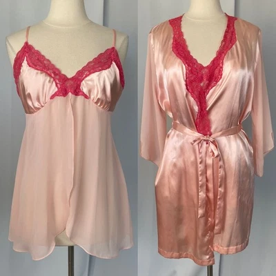 Conjunto de lingerie 2 peças grande rosa cetim sedoso roupão camisola peignoir - Imagem 1 de 4