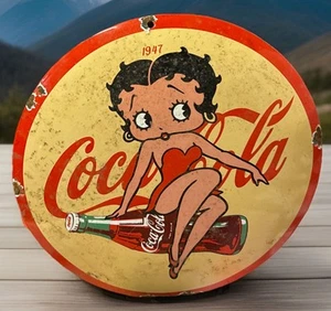 Vintage 12” 1947 Betty Boop Coca Cola Porcelain Enamel Metal Dome Store Sign - Picture 1 of 2