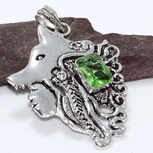 925 Silver Plated Wolf Peridot Ethnic Pendant Jewelry Size 2.8" GW - Picture 1 of 3