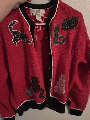 Cardigã suéter ORVIS feminino tamanho M vintage arte vestível bordado gatos - Imagem 1 de 4