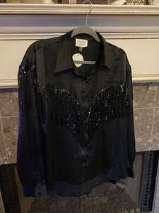 Neu mit Etikett fantastische schwarze Damen-Satinbluse Rehkitz mit schimmernden Pailletten Fransen Gr. L - Bild 1 von 9