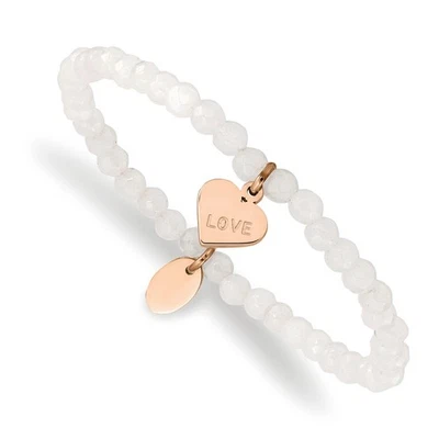 Brazalete elástico de jade corazón LOVE chapado en IP rosa pulido de acero inoxidable 6,25... Foto 1 de 3