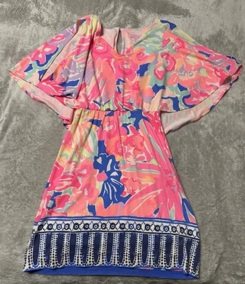 EUC LILLY PULITZER RAYON CAFTAN SLIT SLEEVE TIKI PINK PATTERN MINI DRESS  XXS - Image 1 of 4