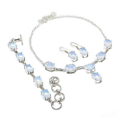 White Milky Opal Gemstone Necklace Set Handmade Oval Shape Solitaire Jewelry Set - Image 1 of 4