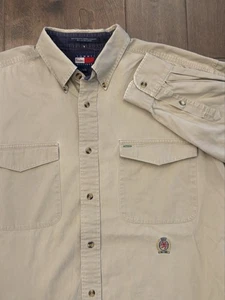 Vtg Tommy Hilfiger Shirt Mens Size Large Tan Button Up Crest Long Sleeve Pockets - Picture 1 of 6
