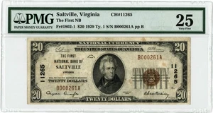 1929 $20 National SALTVILLE, VA Type 1 PMG VF25 Charter #11265 Rare!! 948920-2 - Picture 1 of 3