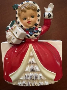 Vintage Napco Weihnachten Mädchen mit Geschenk rechteckig Übertopf 1957 Japan MCM - Bild 1 von 14