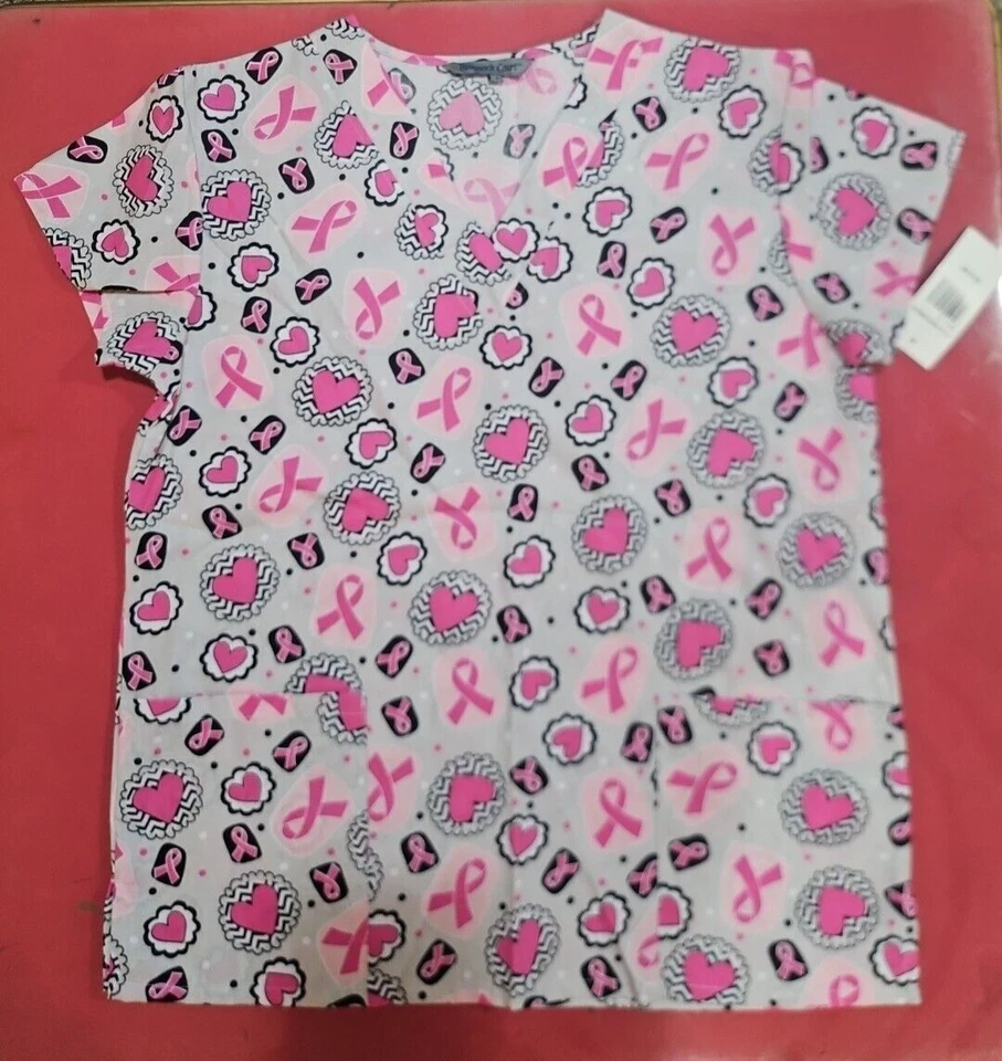 Medical Uniform Scrubs Top pink breast cancer Awareness Pockets Hearts Ribbon - Image 1 of 1