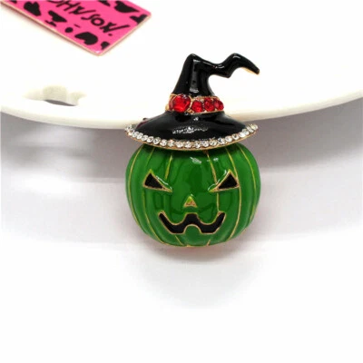 Moda Mujeres Halloween Verde Esmalte Calabaza Sombrero Cristal Estrás Broche Prendedor Foto 1 de 3