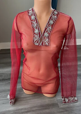 Passport Red Mesh Indian Tunic Top Kurti Kurta S NWT Silver Beading Sequins - Image 1 of 4