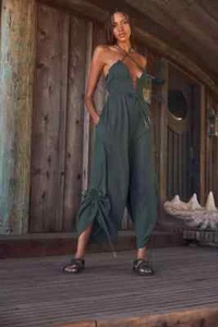 Free People Whatever You Want Jumpsuit Large Dark Green Wide Leg - Picture 1 of 2
