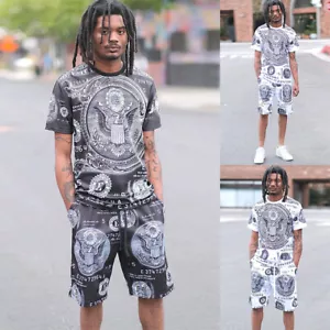 Victorious Men's Casual Big Money Bills Print T-shirt & shorts Set ST881 - Picture 1 of 7