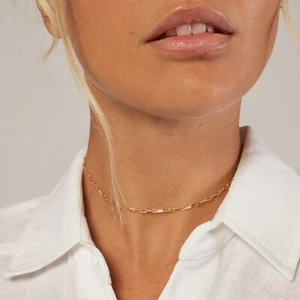 Choker Necklace 14K Solid Gold Minimalist Adjustable Paperclip Chain Necklace - Picture 1 of 11
