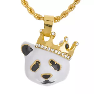 Hip Hop Iced Gold Silver Plated Crown Panda Mini Pendant 20 inch Necklace HC 341 - Picture 1 of 6