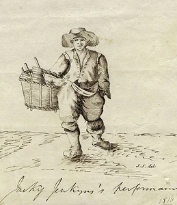 MAN WITH BASKET & LOVELY circa 1813 ORIGINAL ENGLISH SCHOOL INK DRAWING, SIGNED - Picture 1 of 3
