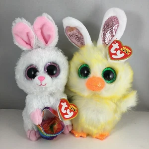 2022 Easter Ty Beanie Boos Set - COOP Baby Chick & SUNDAY Bunny Rabbit (6 Inch) - Picture 1 of 9