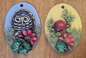 2 Hand Made Small Painted 3D Whimsical Owl Mushroom Ceramic or Clay Wall Plaques - Picture 1 of 16