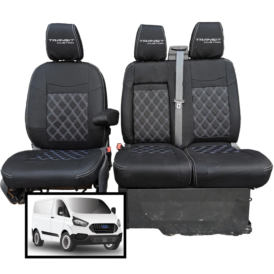 FORD TRANSIT CUSTOM FRONT SEAT COVERS LEATHERETTE WITH LOGO (2013 to 2023)  - Image 1 of 4