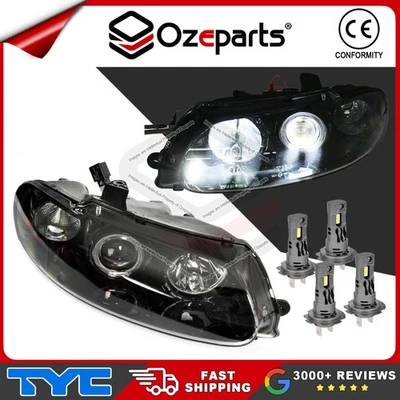 Pair LH+RH Head Light Black + LED Globes For Holden Statesman WH 99~03 ANGEL EYE - Image 1 of 4