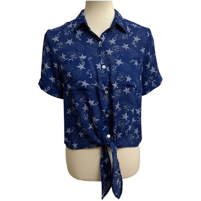 Lily White Cropped Tie Top Womens Medium Navy Blue White Stars Starburst Sheer - Image 1 of 4