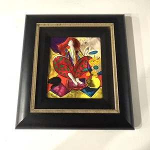 Linda Le Kinff Lady In Red With Cat Hand Embellished Serigraph Framed Canvas - Picture 1 of 14