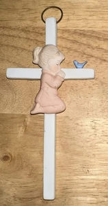 Vintage handbemalt Lefton 1985 Kreuz Mädchen Kind betend blau Vogel mit Aufkleber - Bild 1 von 8