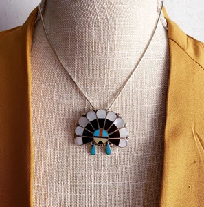 ZUNI Sterling Silver Inlay Sun Headdress Pendant Pin Vintage Native Southwestern - Picture 1 of 14
