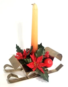 Vintage Brass SLEIGH Christmas Candle Holder Plastic Flowers Pine Cone Ornaments - Picture 1 of 7