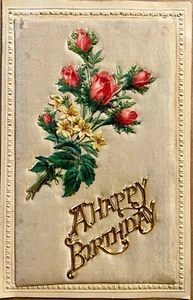 Postal antigua feliz cumpleaños apliques dorados rosas seda en relieve c1910 - Imagen 1 de 6