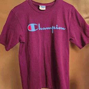 Vintage Champion Men's Tshirt Size Medium Iconic Script Logo Burgundy 90s Y2K - Picture 1 of 6