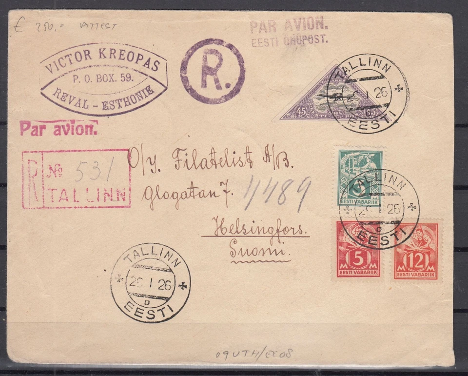 RS25669/ ESTONIA – 1926 – MI # 36A + 37A + 57 + 52B + 12y (x20) ON COVER + CERTI - Image 1 of 4