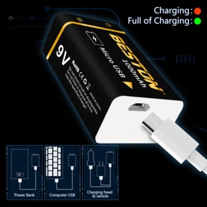 1000mAh 9V Rechargeable Batteries 9-Volt USB Charging Battery Lot Black - Picture 1 of 31