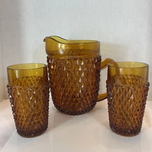 Juego de 2 vasos Indiana Glass Ámbar Diamond Point y jarra pesada de colección MCM - Imagen 1 de 21
