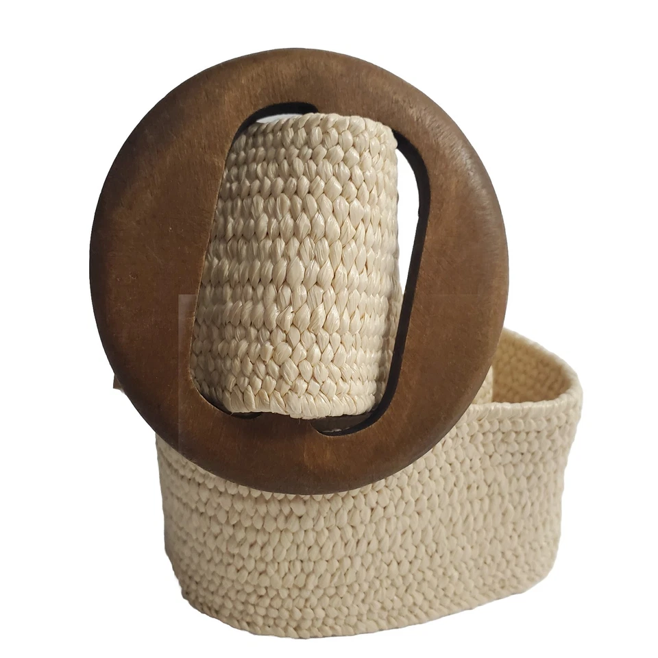 De Colección Boho Verano Yute Elastizado Cinturón Mujer Ovalado Madera Hebilla Marfil Talla 30 Foto 1 de 4