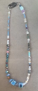 Multi Stone Pendant Necklace 18” Beaded One Of A Kind Blue Cream Bling Peace - Picture 1 of 10