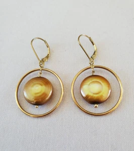 ZB Fine 14K Solid Yellow Gold Golden Baroque Coin Pearls Dangle Halo Earrings - Picture 1 of 5