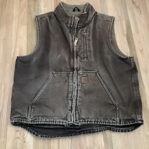 Carhartt Vest Mens Large Brown Sherpa Lined Full Zip Distressed Canvas V33 - Picture 1 of 6