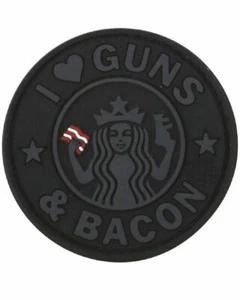 MONO PVC I LOVE GUNS AND BACON RUBBER TACTICAL MORAL PATCH, HOOK & LOOP - Bild 1 von 1