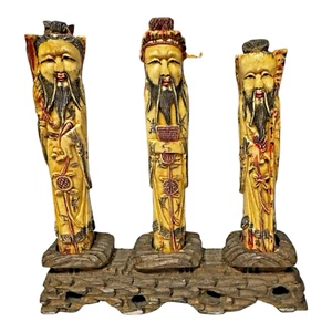 Fu, Lu & Shou Chinese Gods Sanxing Vintage Hand Carved & Tinted Bovine Bone - Picture 1 of 24