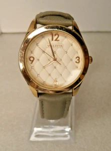 Valletta Ladies Watch Rose Gold Round Case w/Rhinestones and Gray Strap - Picture 1 of 7