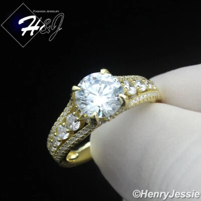 WOMEN 925 STERLING SILVER ICY BLING CZ GOLD PLATED 8MM ROUND ENGAGEMENT RING*216 - Image 1 of 4