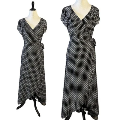 Vestido midi vintage años 90 Dainty Free People True Wrap estampado negro talla pequeña Foto 1 de 4