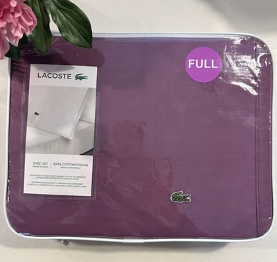 Lacoste FULL Percale Solid Sheet Set Plum Purple 100% Cotton Percale Logo New - Image 1 of 4