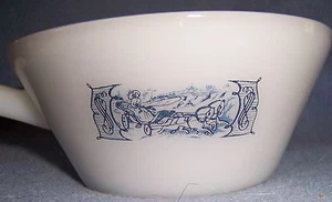 vintage 3 set white MILK GLASS SOUP BOWL w/handle blue design porringer 1950's - Picture 1 of 1