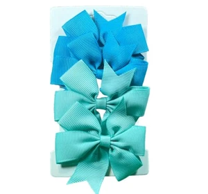 Blue & Sea Green Hair Bow Clips Grosgrain Ribbon Toddler Girl Hair Barrette Set - Picture 1 of 3