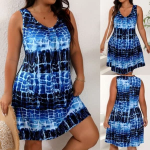 Plus Size Womens Print Sleeveless Vest Tank Dress Summer Holiday Beach Sundress - Picture 1 of 15